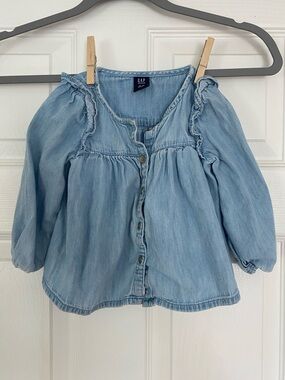 GAP Light Blue Denim Ruffle-Shoulder Button Front Top